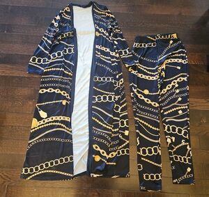Black and Gold Chain Print Robe and Pants Set